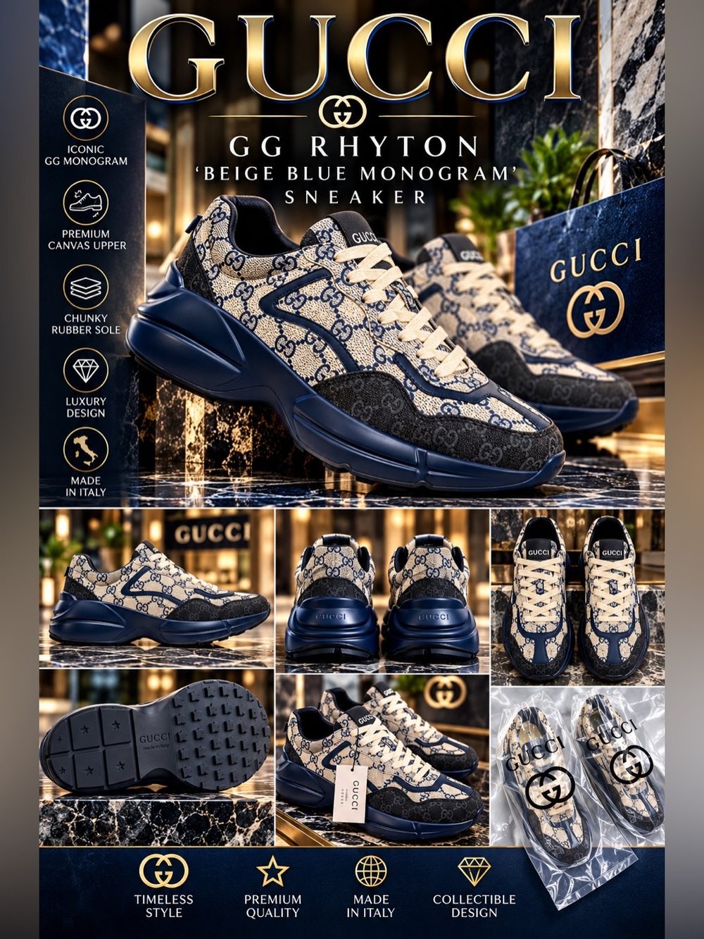Gucci GG Rhyton 'Supreme Beige Blue Monogram' sneaker🔥New! Size: 10.5